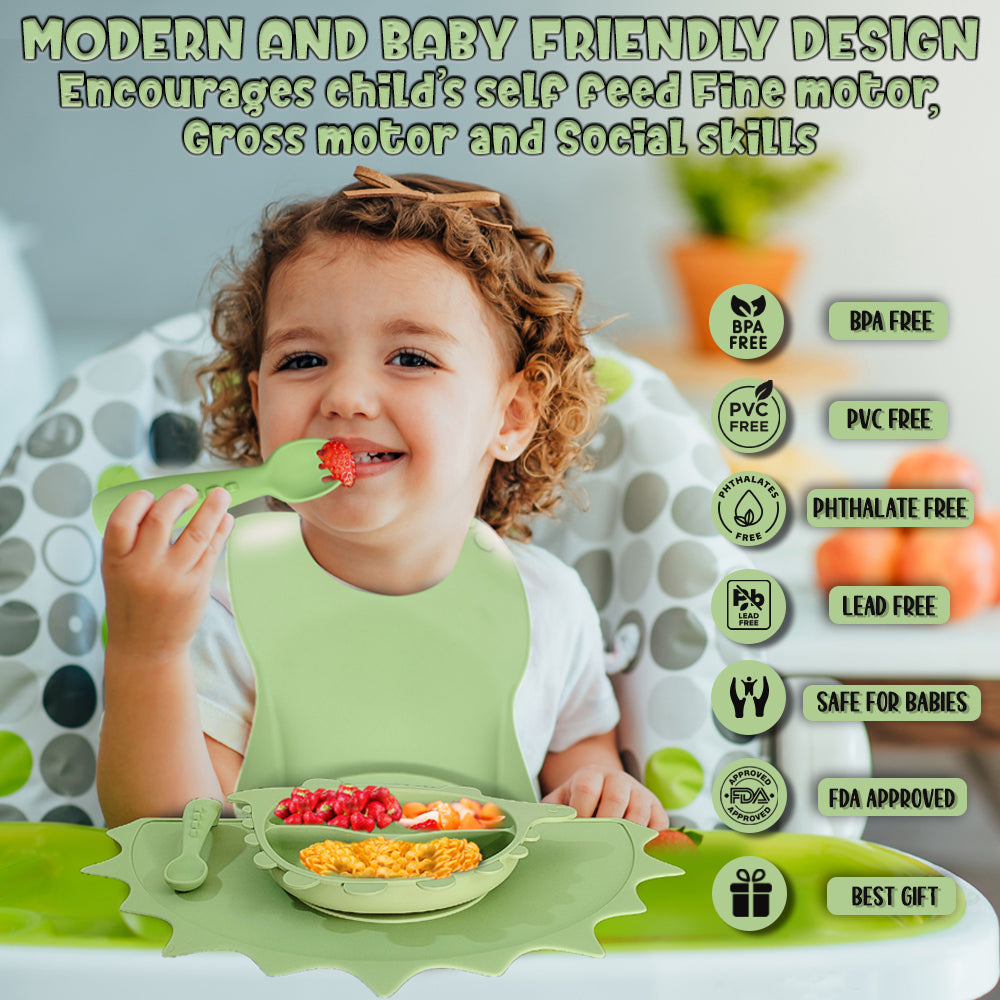 Silicone Baby Feeding Set - Dino - Olive