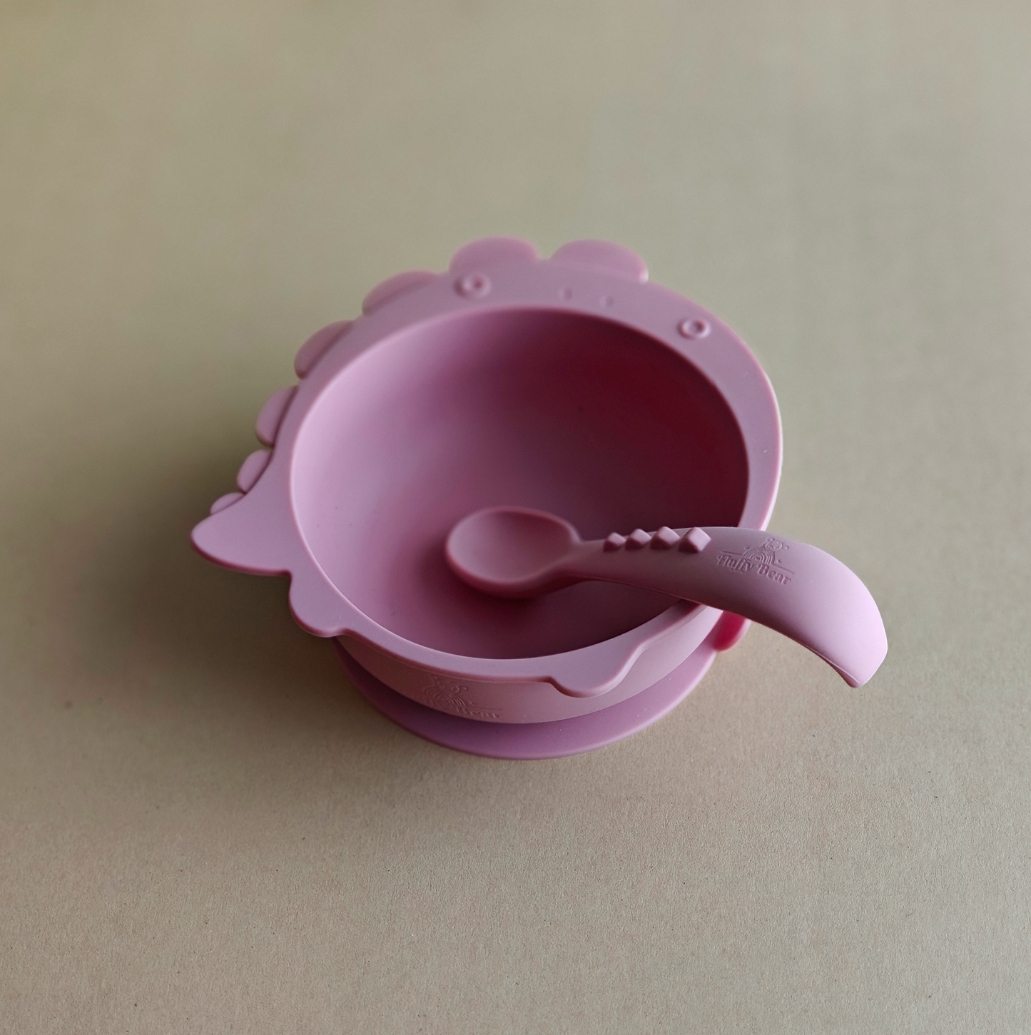 Silicone Dino Suction Bowl and Spoon Set - Dark Pink
