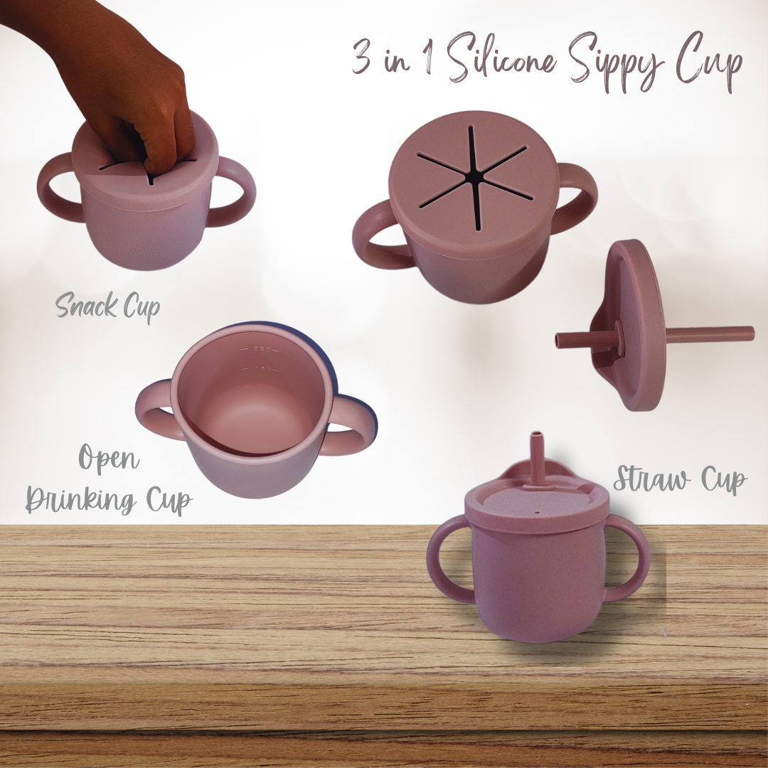 4 in 1 Silicone Sippy Cup with Snack Cup Lid - Dark Pink