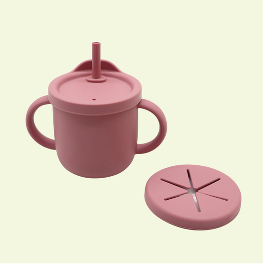 4 in 1 Silicone Sippy Cup with Snack Cup Lid - Dark Pink