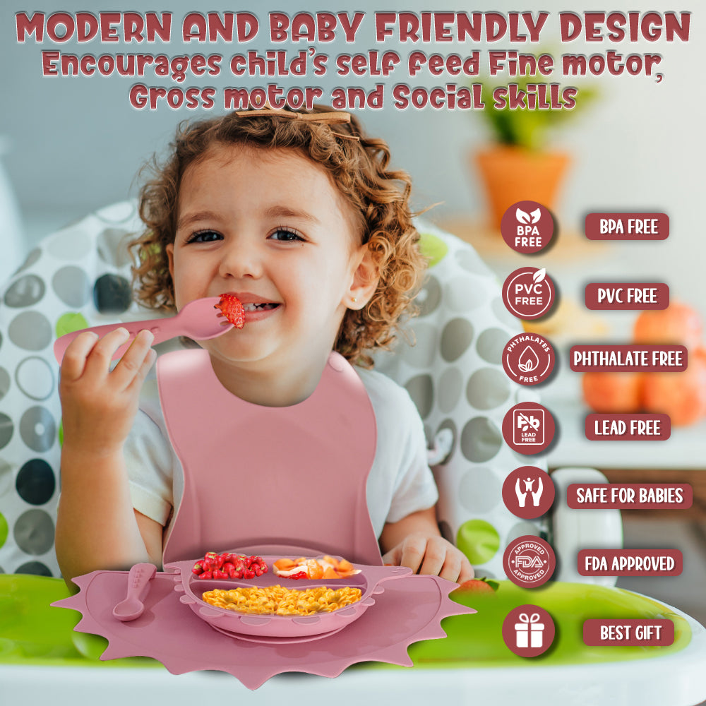 Silicone Baby Feeding Set - Dino - Dark Pink