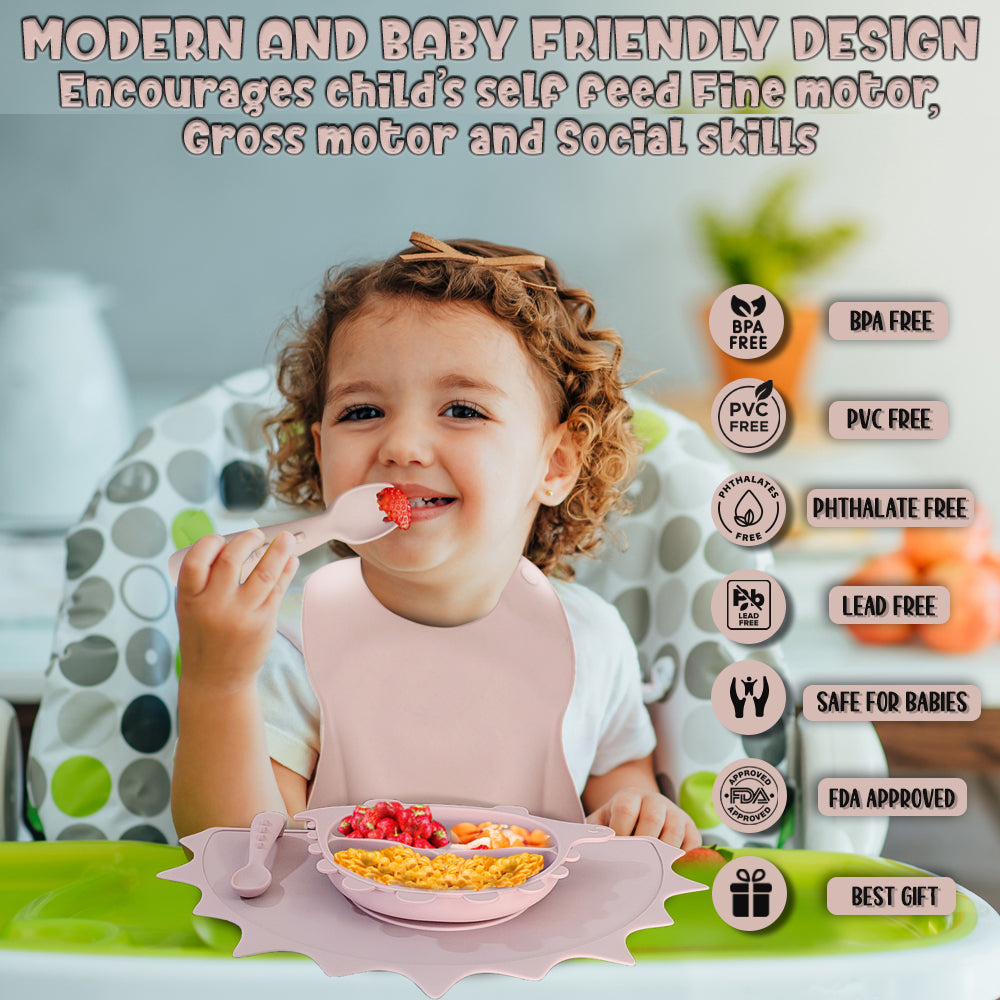 Silicone Baby Feeding Set - Dino - Rose Pink