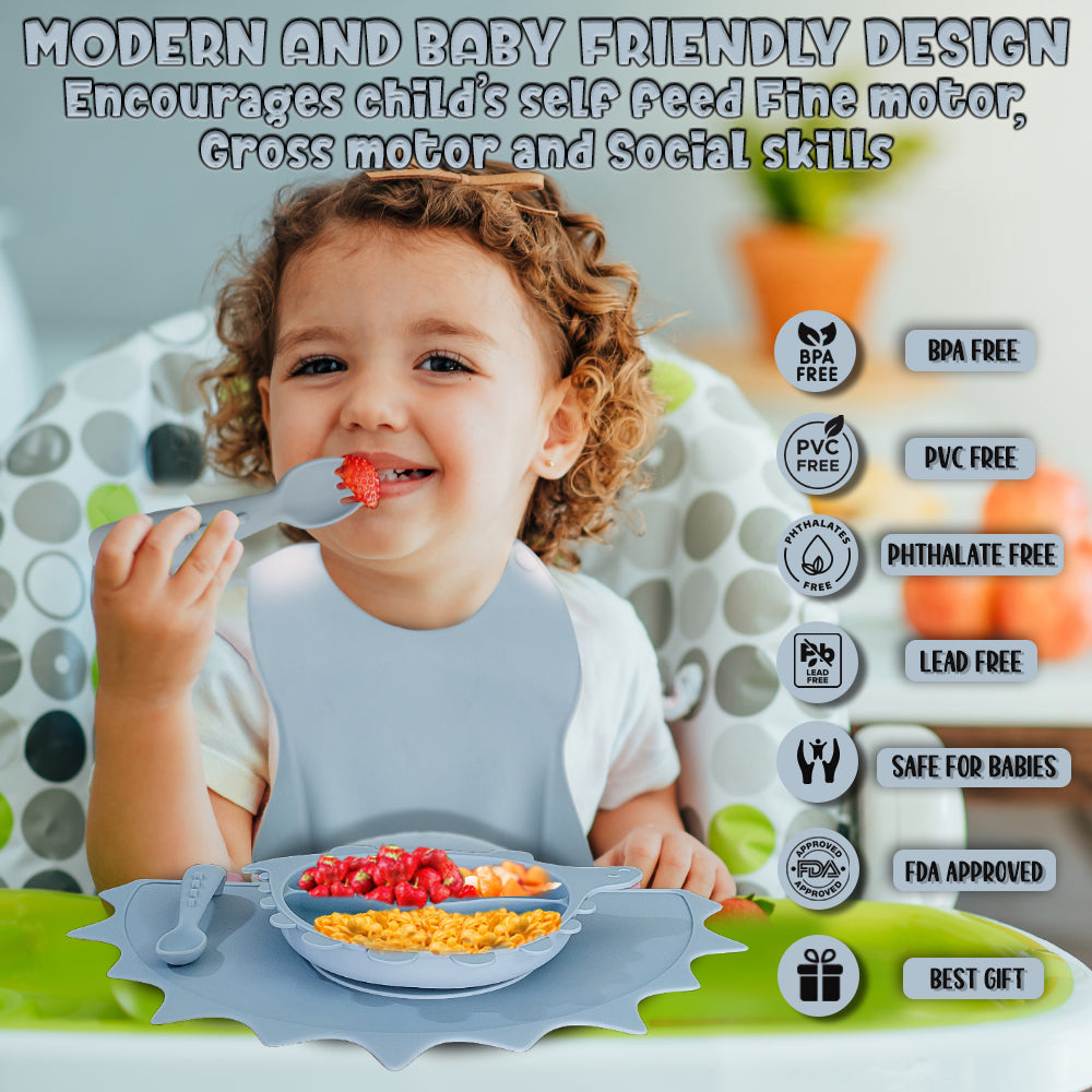 Silicone Baby Feeding Set - Dino - Dusky Blue
