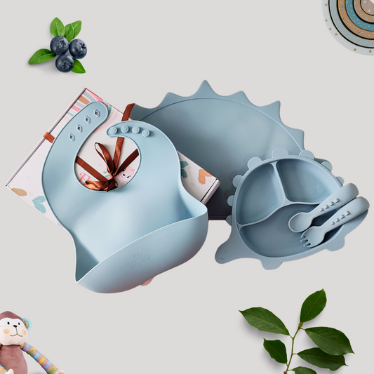 Silicone Baby Feeding Set - Dino - Dusky Blue