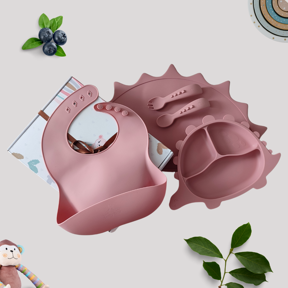 Silicone Baby Feeding Set - Dino - Dark Pink
