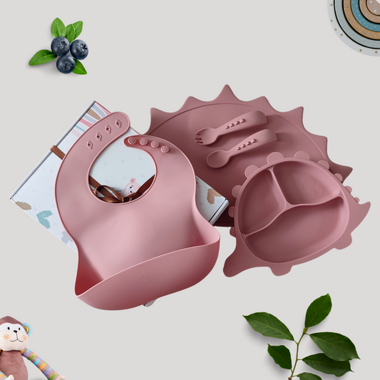 Silicone Baby Feeding Set - Dino - Dark Pink