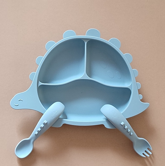 Silicone Divided Suction Plate (Dino) - Dusky Blue