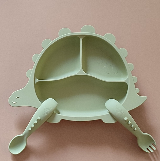 Silicone Divided Suction Plate (Dino) - Olive
