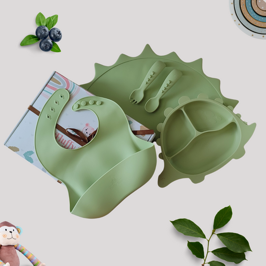 Silicone Baby Feeding Set - Dino - Olive