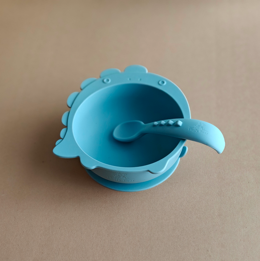 Silicone Dino Suction Bowl and Spoon Set - Dusky Blue