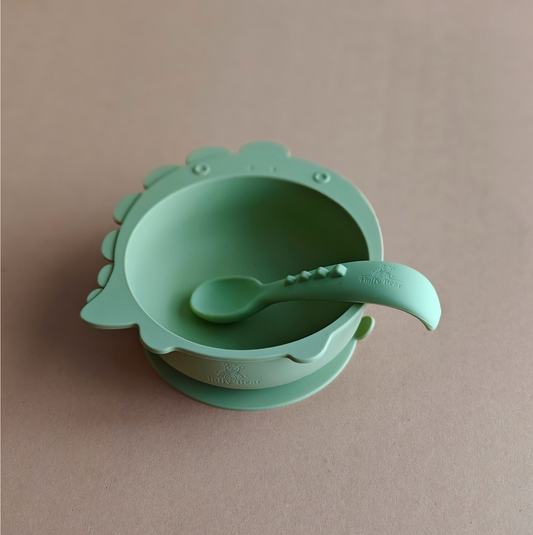 Silicone Dino Suction Bowl and Spoon Set - Olive Green