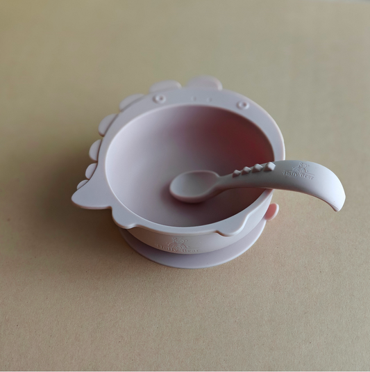 Silicone Dino Suction Bowl and Spoon Set - Rose Pink