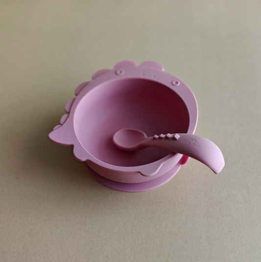 Silicone Dino Suction Bowl and Spoon Set - Dark Pink