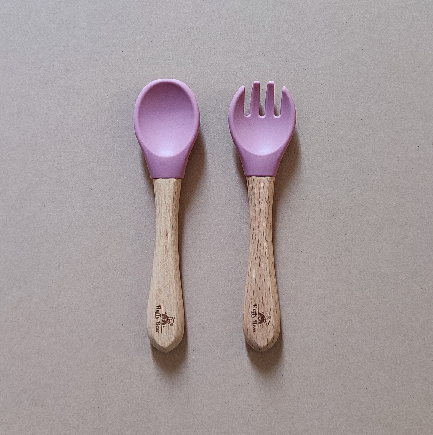 Silicone Wooden Spoon and Fork Set - Dark Pink