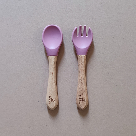 Silicone Wooden Spoon and Fork Set - Dark Pink