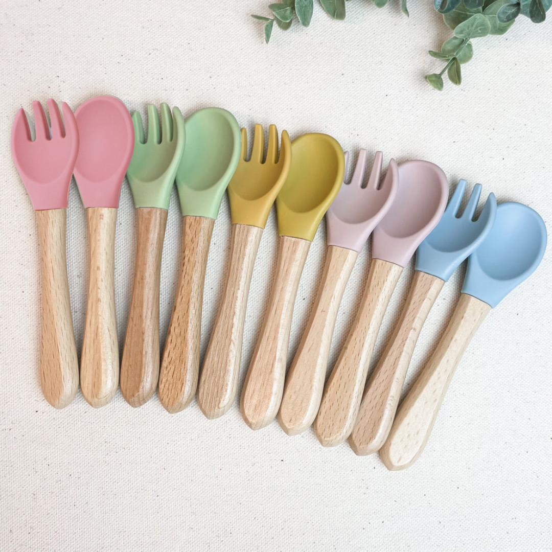 Silicone Wooden Spoon and Fork Set - Dusky Blue