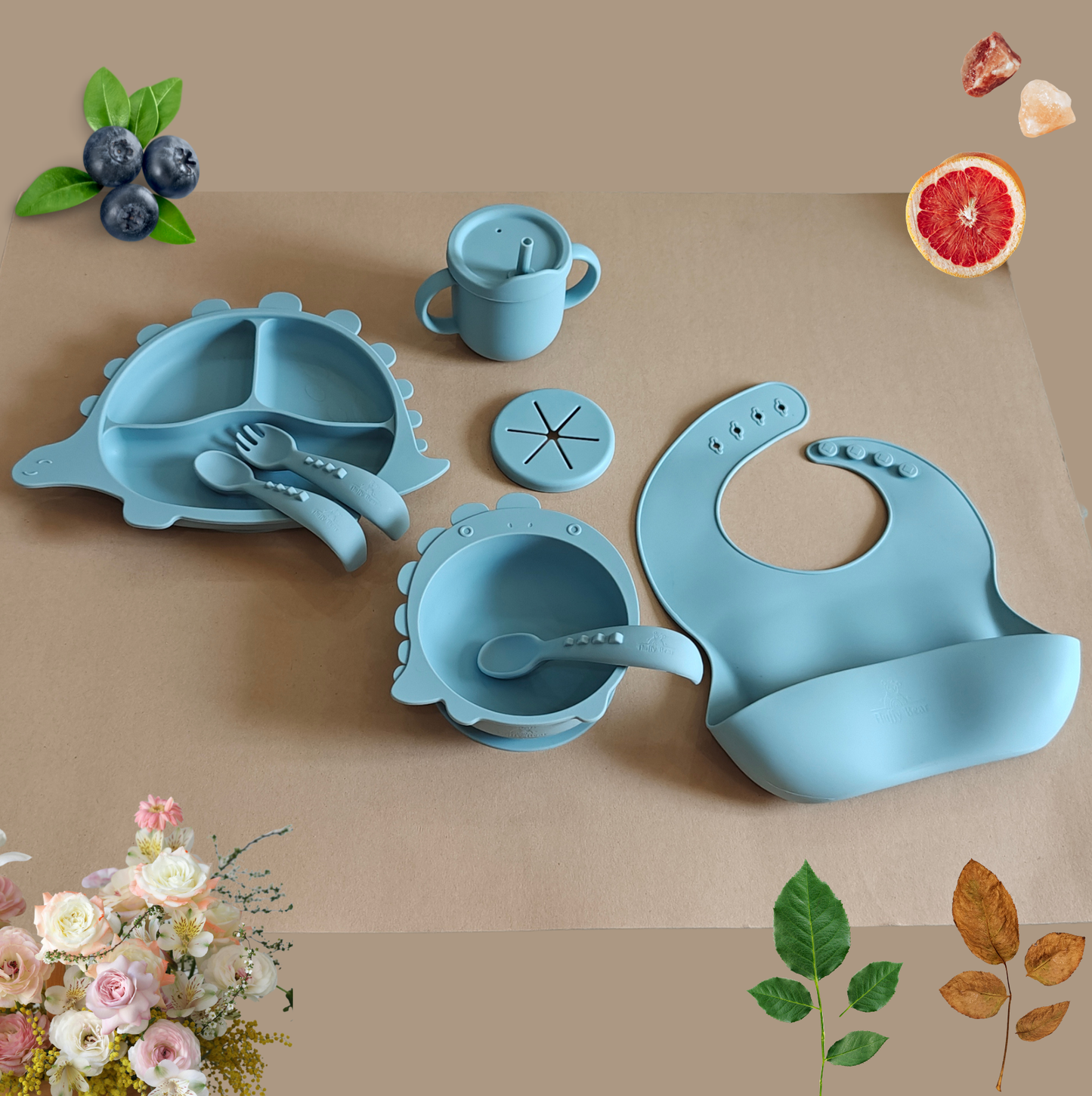 Silicone Baby Feeding Set - Dino - Dusky Blue