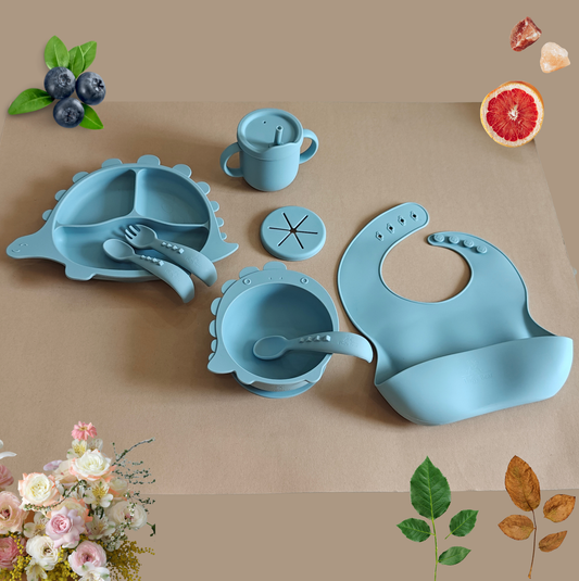 Silicone Baby Feeding Set - Dino - Dusky Blue