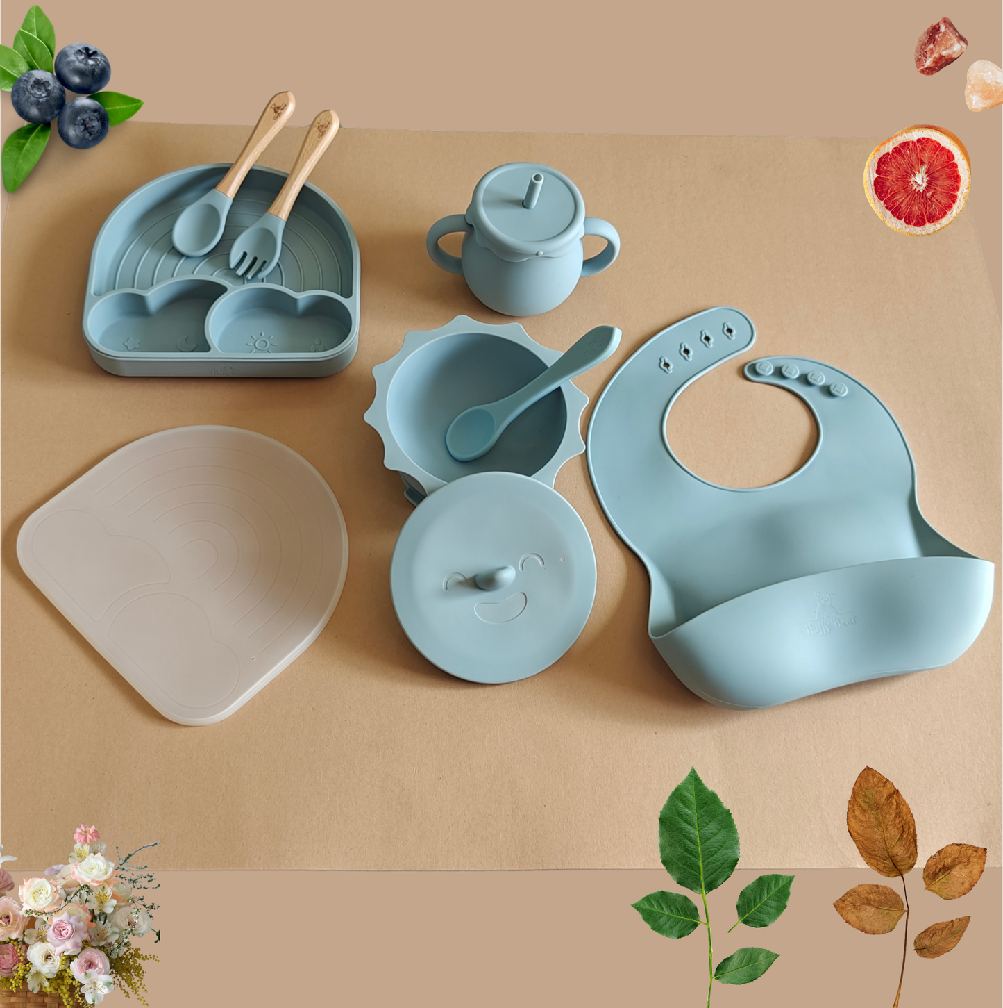 Silicone Baby Feeding Set - Weather - Dusky Blue