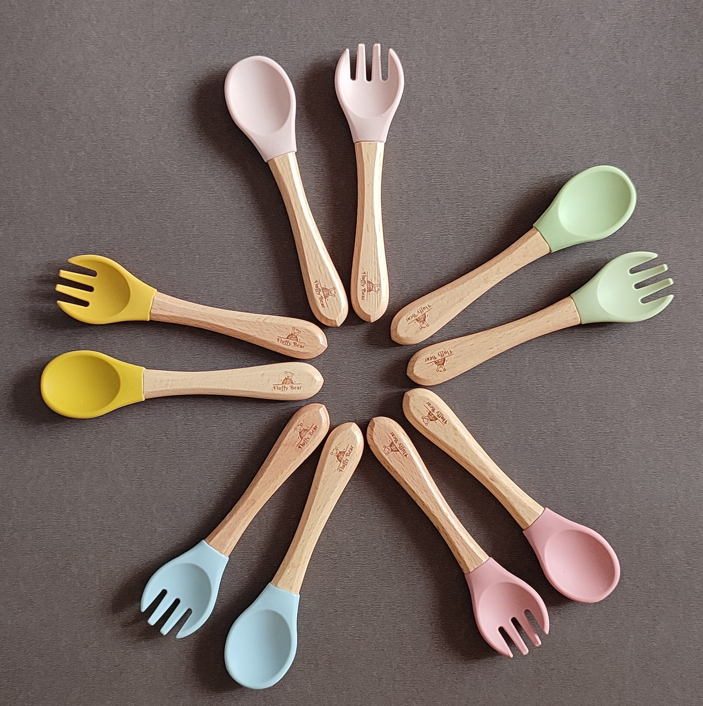 Silicone Wooden Spoon and Fork Set - Dusky Blue