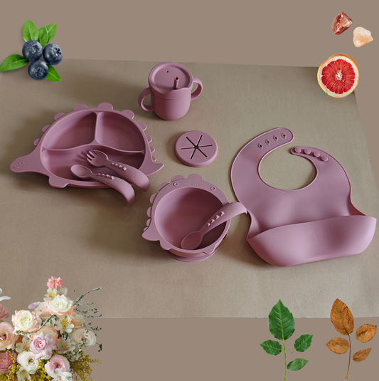 Silicone Baby Feeding Set - Dino - Dark Pink