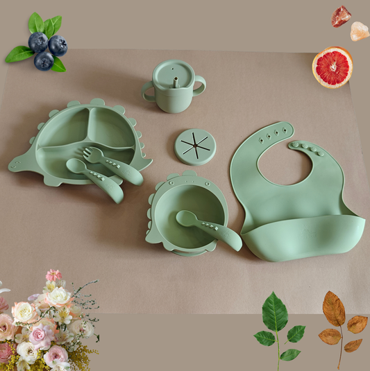 Silicone Baby Feeding Set - Dino - Olive