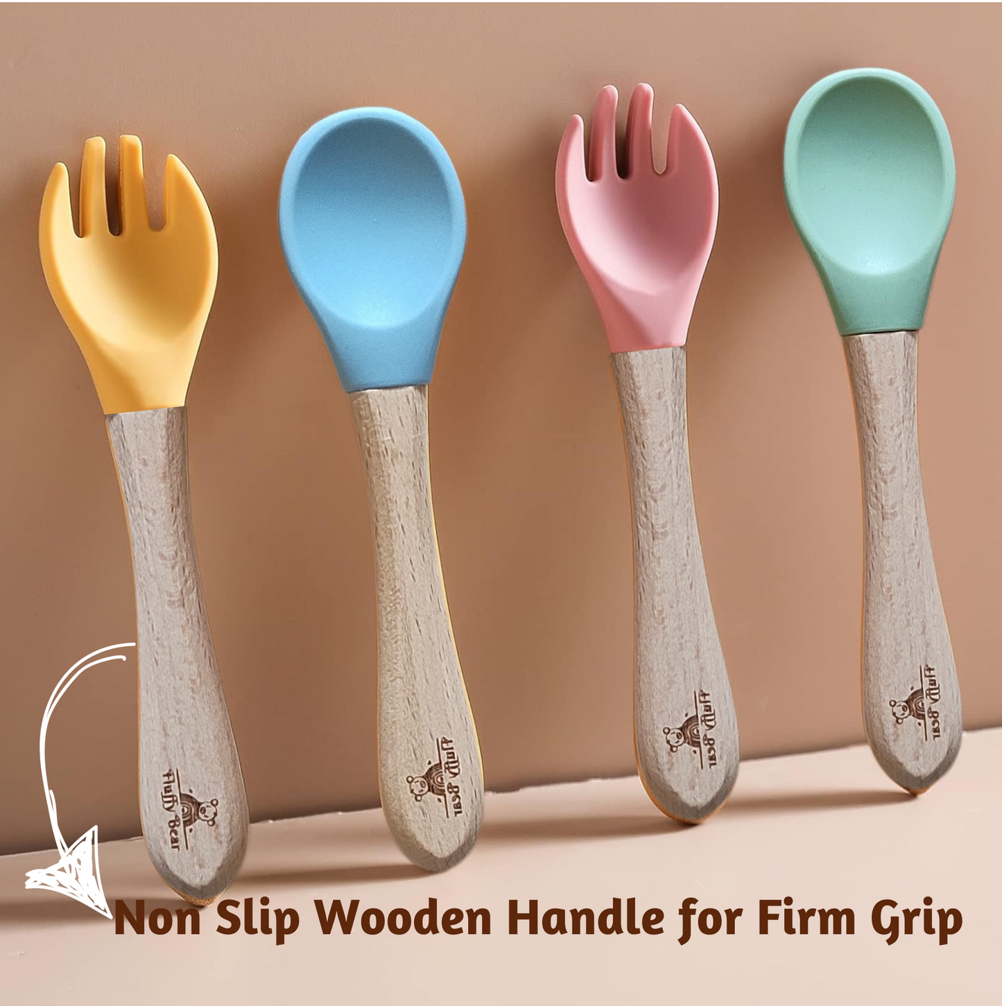 Silicone Wooden Spoon and Fork Set - Dusky Blue