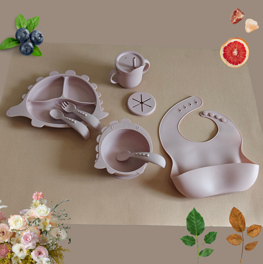 Silicone Baby Feeding Set - Dino - Rose Pink