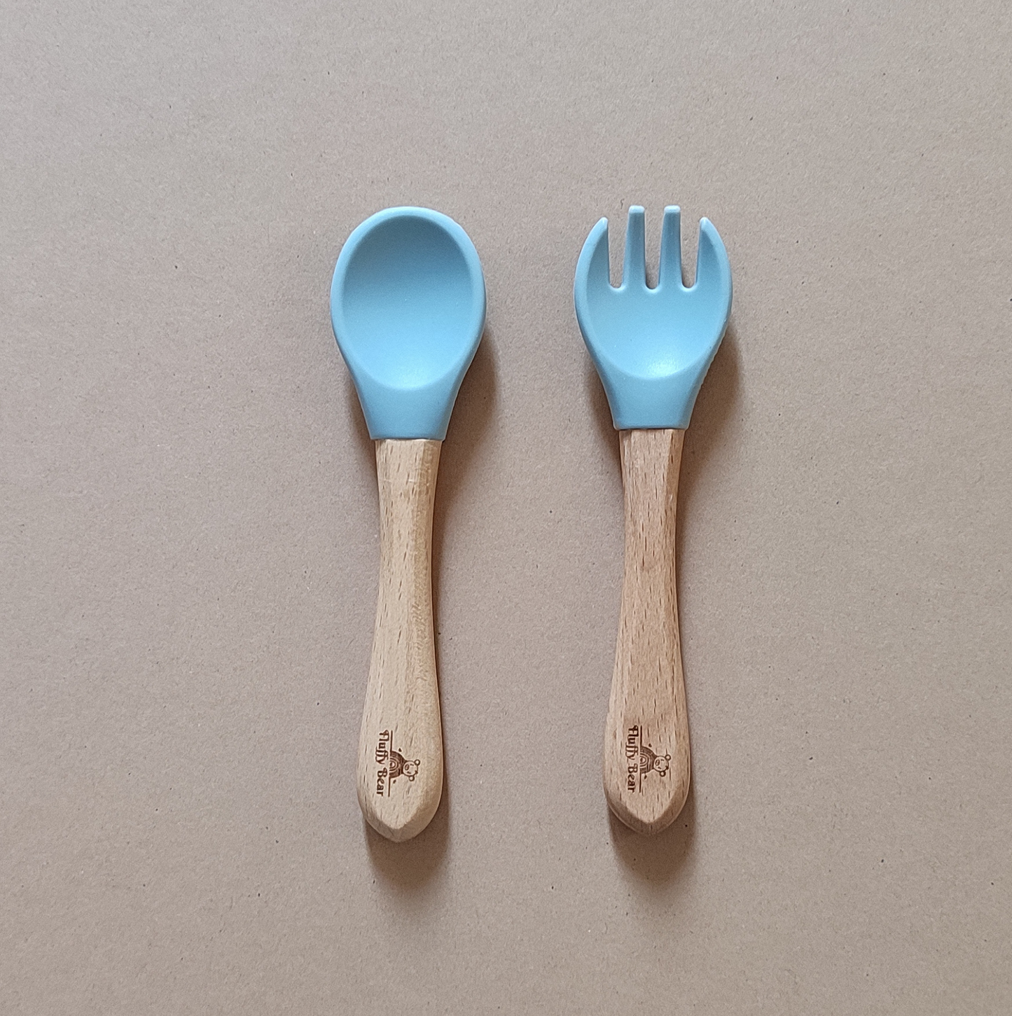 Silicone Wooden Spoon and Fork Set - Dusky Blue