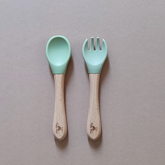 Silicone Wooden Spoon and Fork Set - Olive